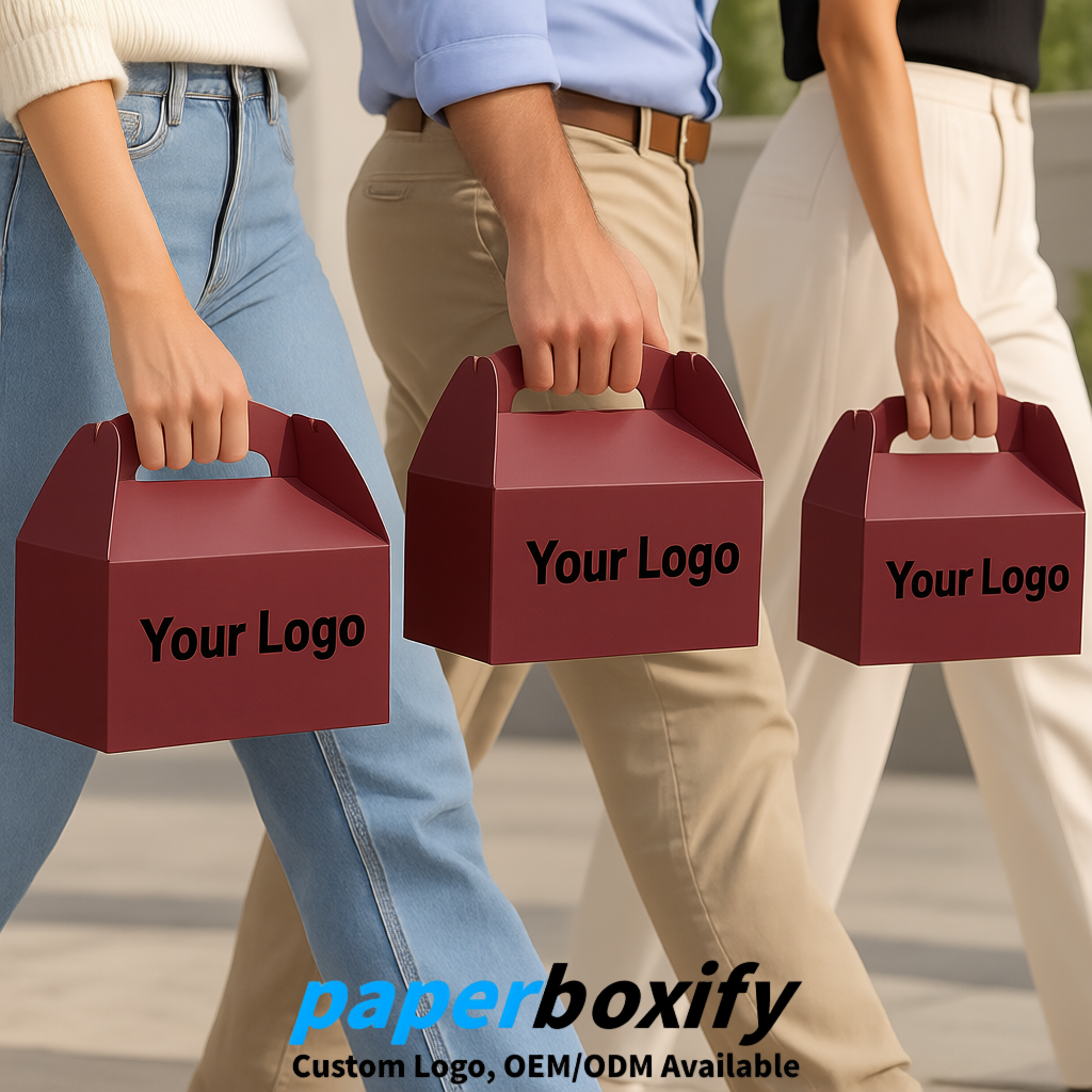 Burgundy Gable Boxes with Handles 6.22x3.35x3.62 inch Kraft Paper Party Favors Boxes in Bulk