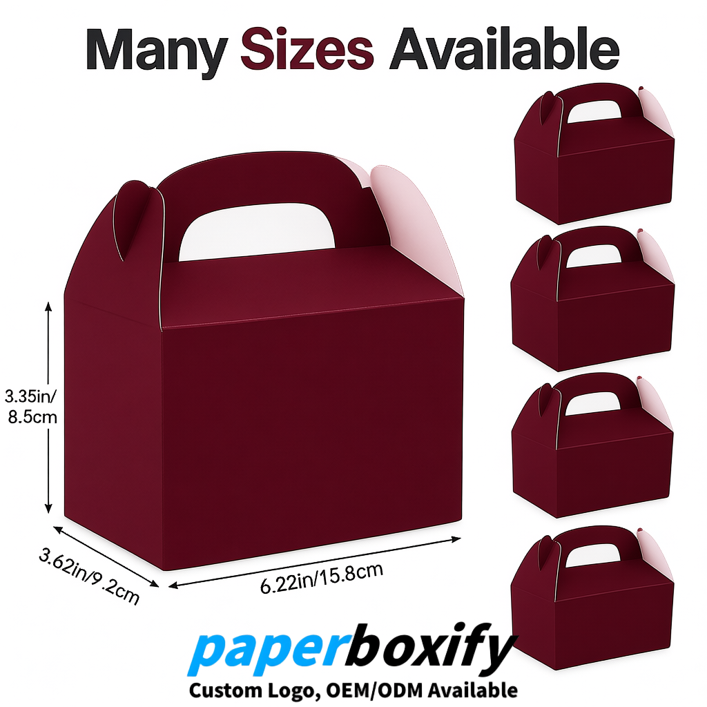 Burgundy Gable Boxes with Handles 6.22x3.35x3.62 inch Kraft Paper Party Favors Boxes in Bulk