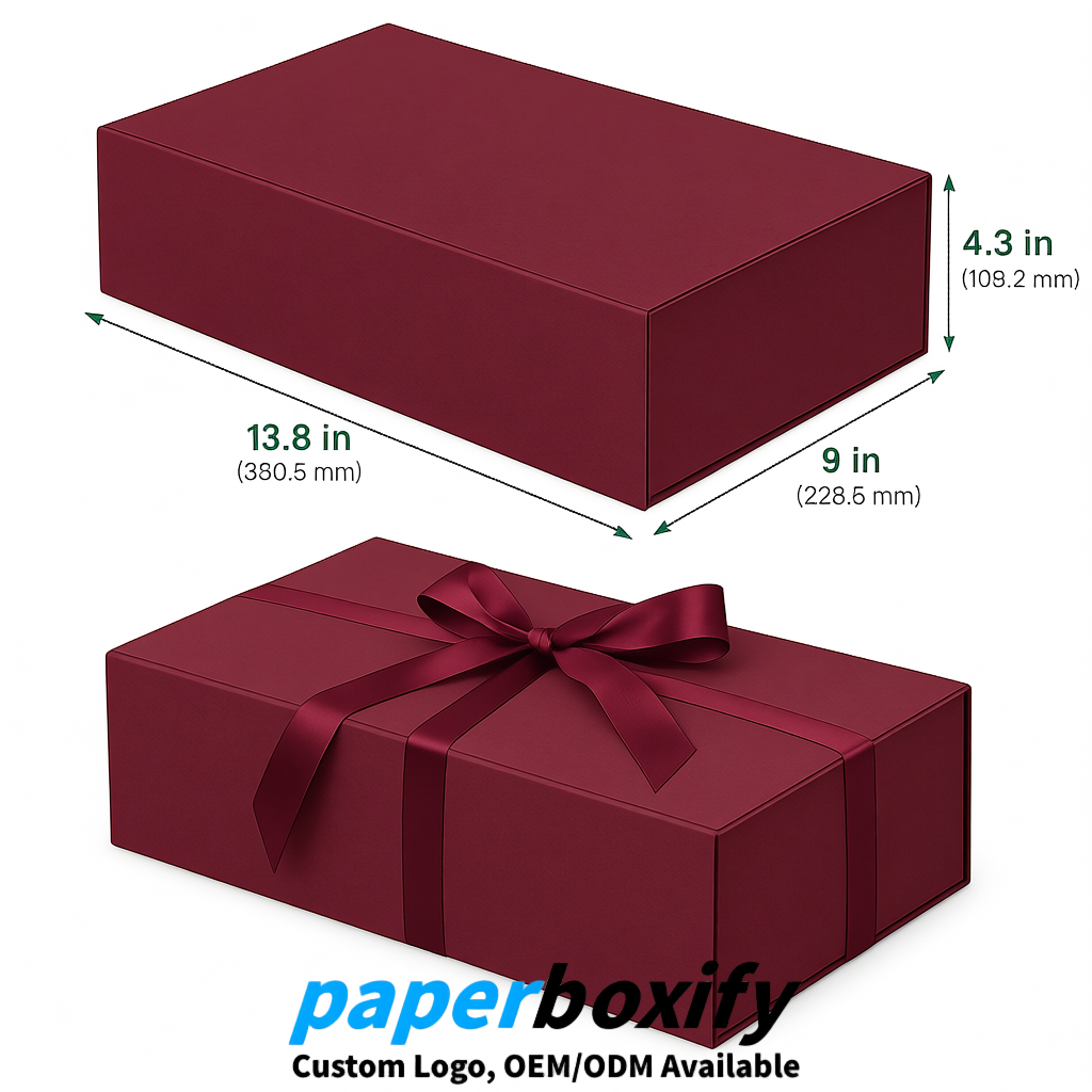 Burgundy Magnetic Closure Gift Box with Ribbon 13.8x9x4.3 inch Luxury Large Storage Box
