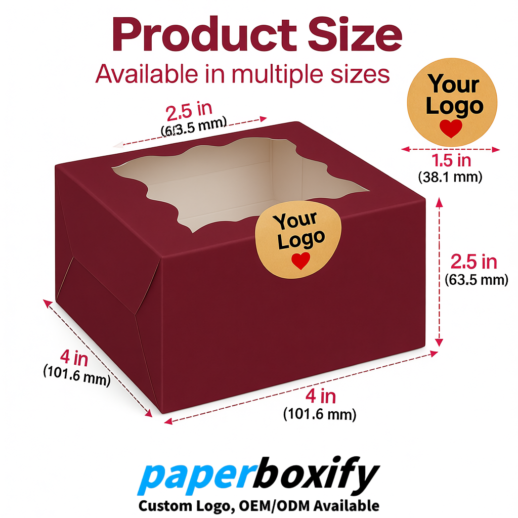 Burgundy Paper Cookie Boxes with Window and Stickers 4x4x2.5 inch