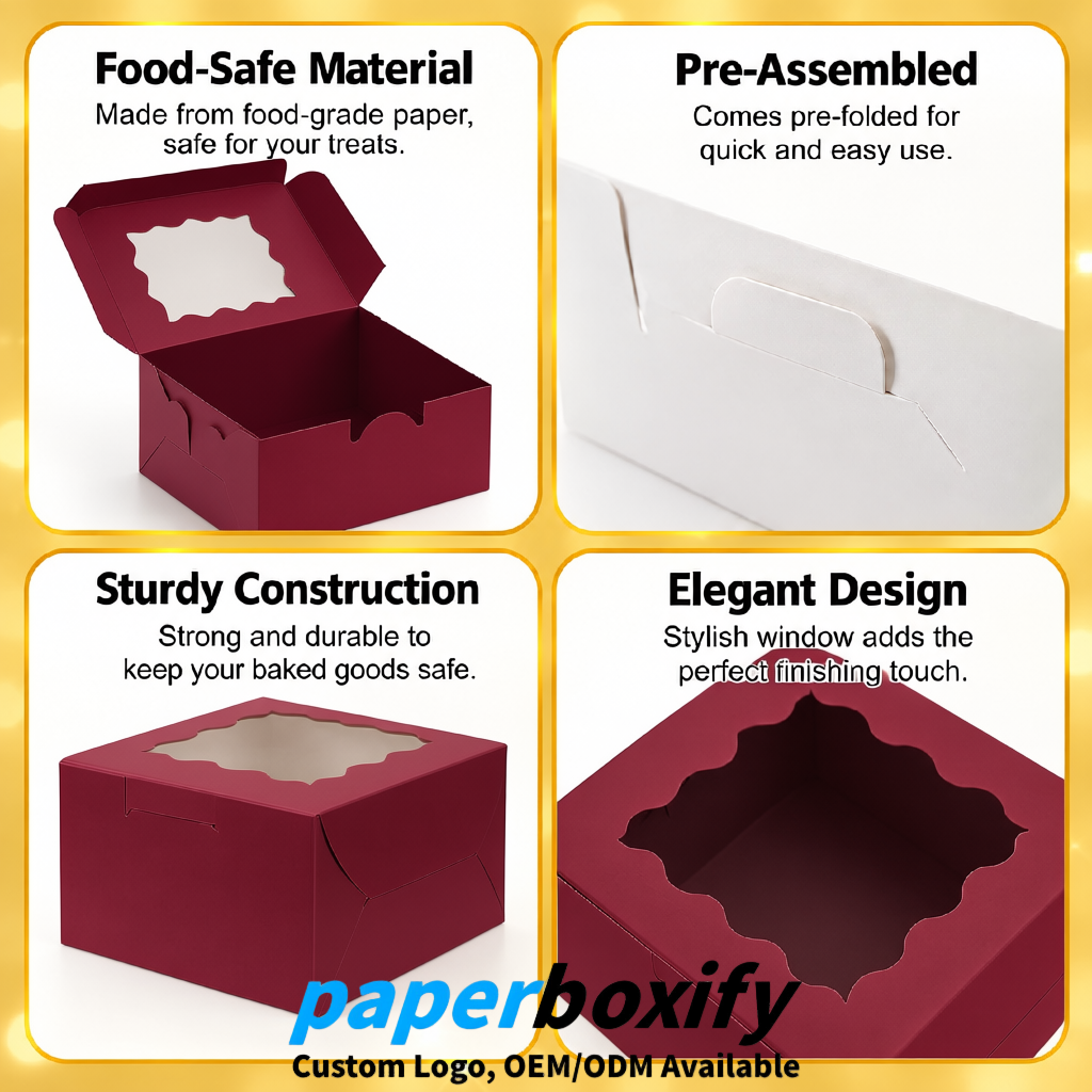 Burgundy Paper Cookie Boxes with Window and Stickers 4x4x2.5 inch
