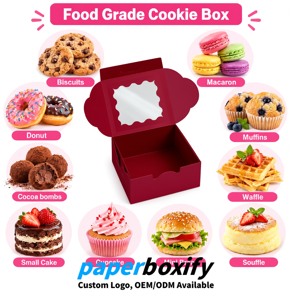 Burgundy Paper Cookie Boxes with Window and Stickers 4x4x2.5 inch