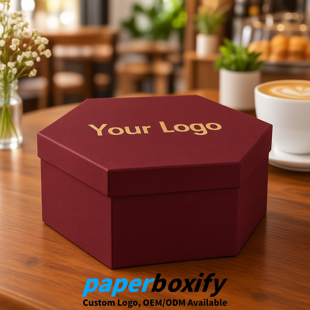 Burgundy Paper Hexagon Box with Lid - Biodegrade Paper Mache Gift Boxes Manufacturer