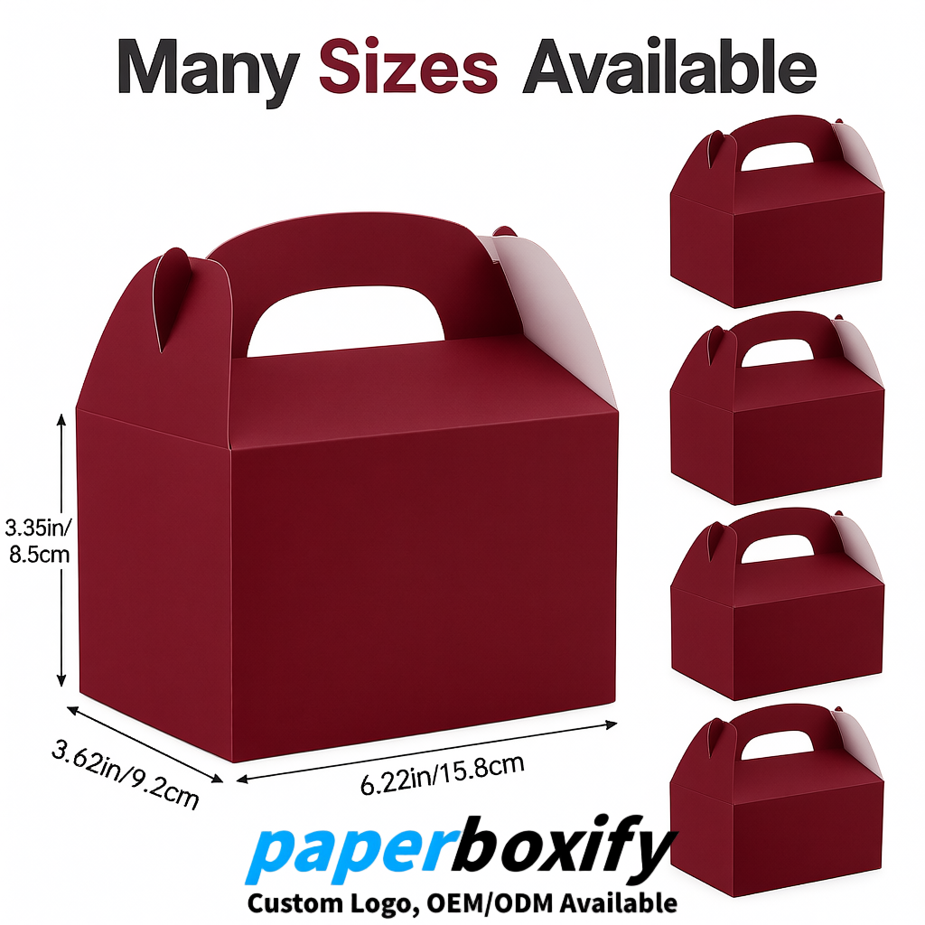 Carmine Gable Boxes with Handles 6.22x3.35x3.62 inch Kraft Paper Party Favors Boxes in Bulk