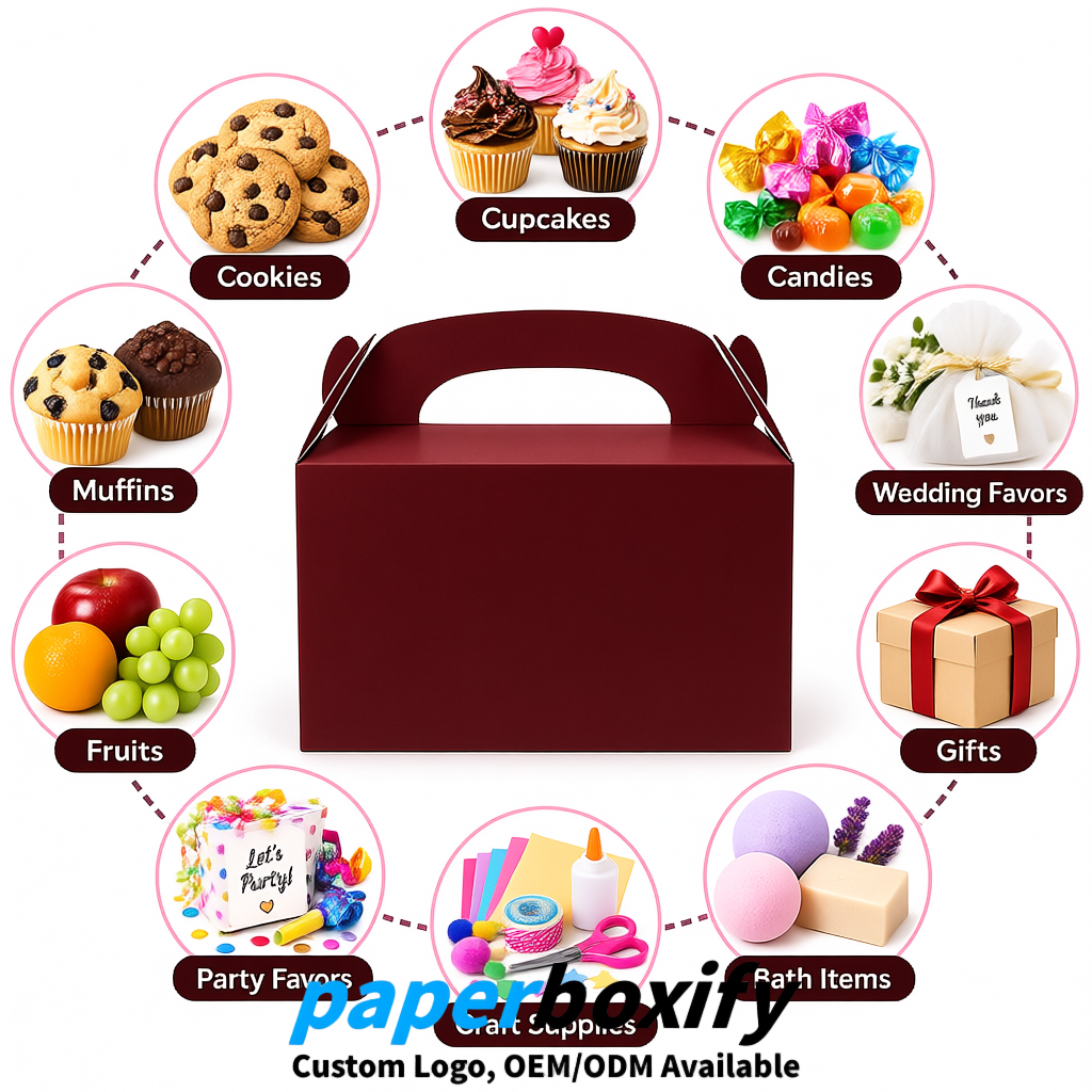 Carmine Gable Boxes with Handles 6.22x3.35x3.62 inch Kraft Paper Party Favors Boxes in Bulk