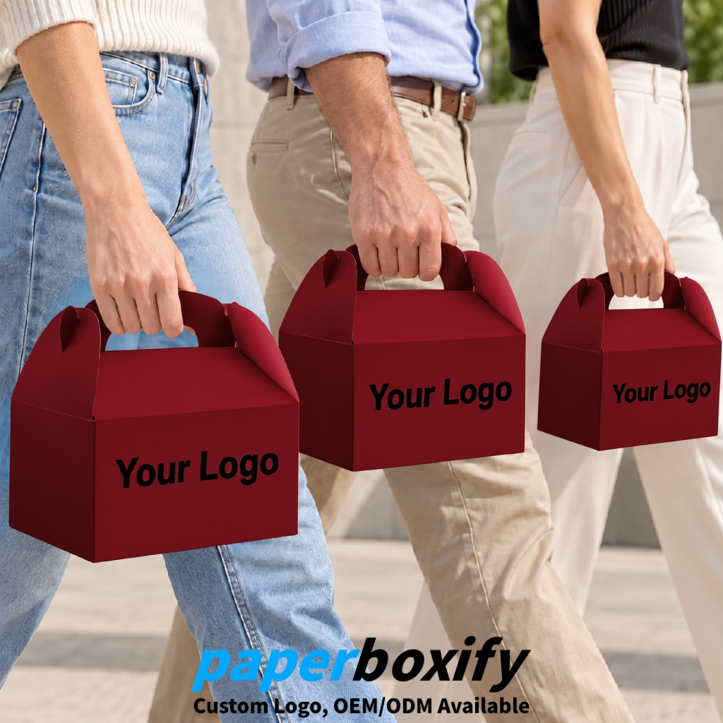 Carmine Gable Boxes with Handles 6.22x3.35x3.62 inch Kraft Paper Party Favors Boxes in Bulk
