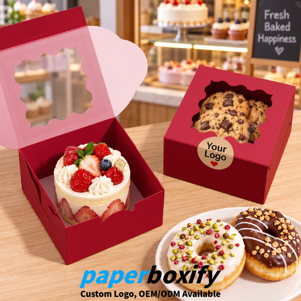 Carmine Paper Cookie Boxes with Window and Stickers 4x4x2.5 inch