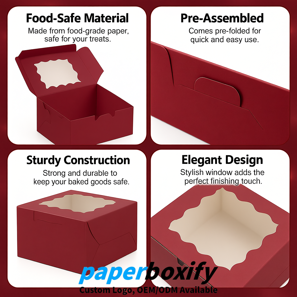 Carmine Paper Cookie Boxes with Window and Stickers 4x4x2.5 inch
