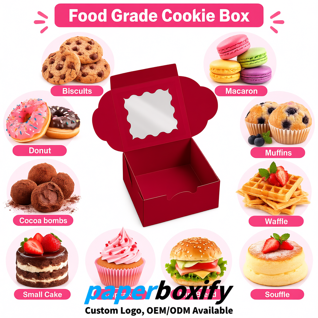 Carmine Paper Cookie Boxes with Window and Stickers 4x4x2.5 inch