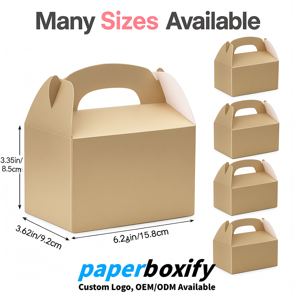 Champagne Gable Boxes with Handles 6.22x3.35x3.62 inch Kraft Paper Party Favors Boxes in Bulk