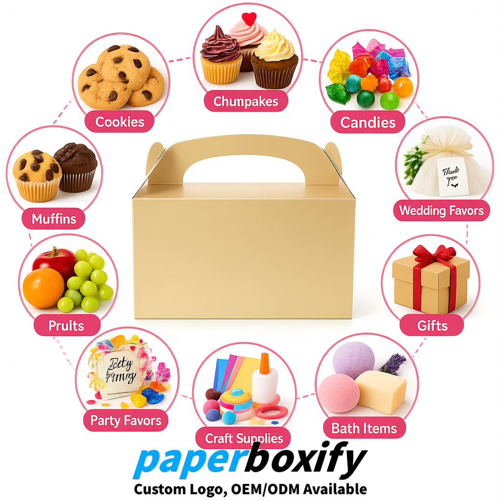 Champagne Gable Boxes with Handles 6.22x3.35x3.62 inch Kraft Paper Party Favors Boxes in Bulk