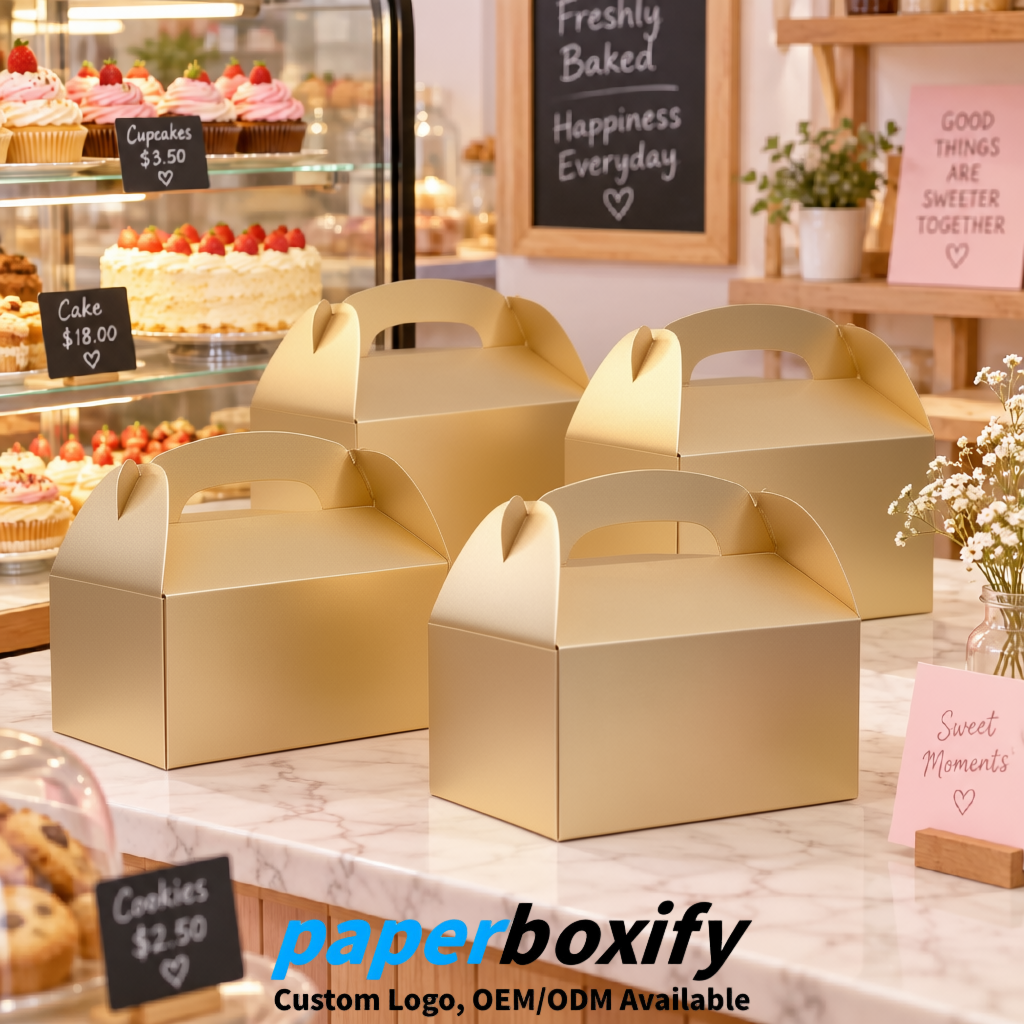 Champagne Gable Boxes with Handles 6.22x3.35x3.62 inch Kraft Paper Party Favors Boxes in Bulk