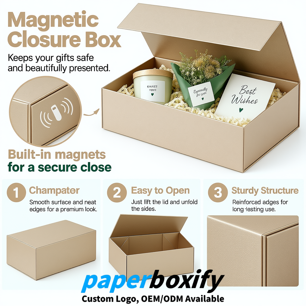 Champagne Magnetic Closure Gift Box​ with Ribbon 13.8x9x4.3 inch Luxury Large Storage Box