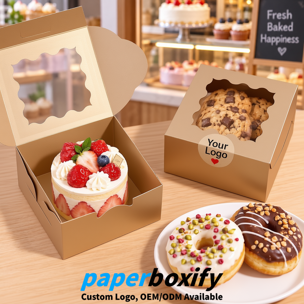 Champagne Paper Cookie Boxes with Window and Stickers 4x4x2.5 inch