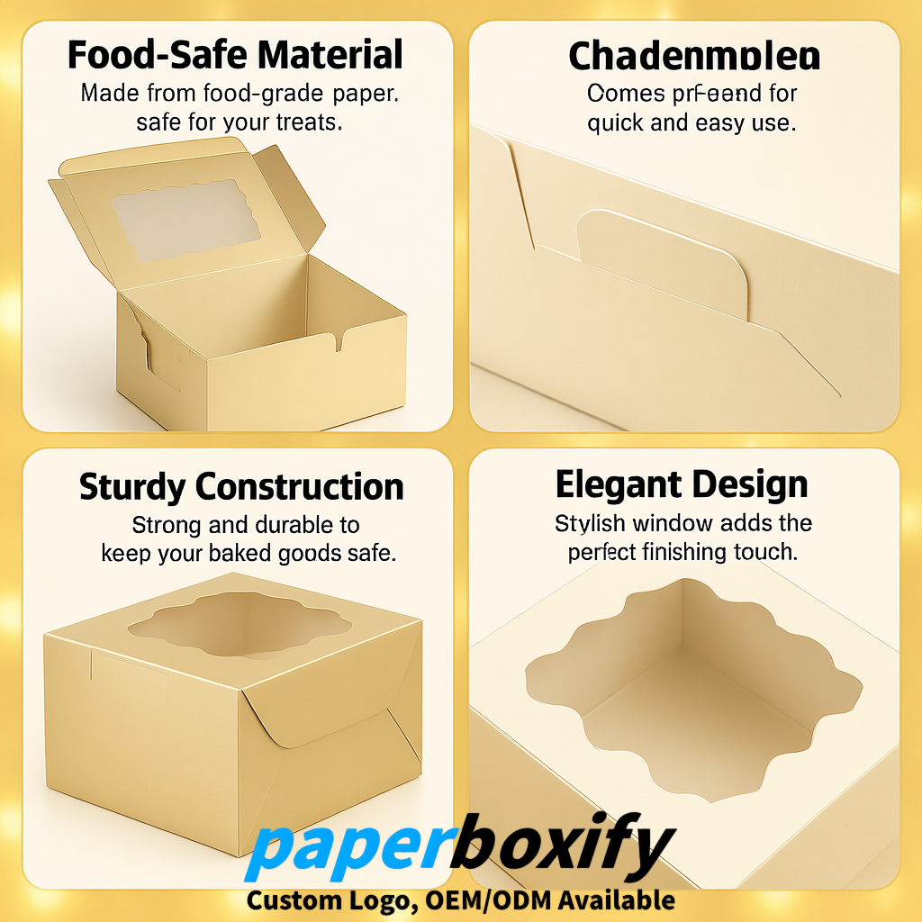 Champagne Paper Cookie Boxes with Window and Stickers 4x4x2.5 inch