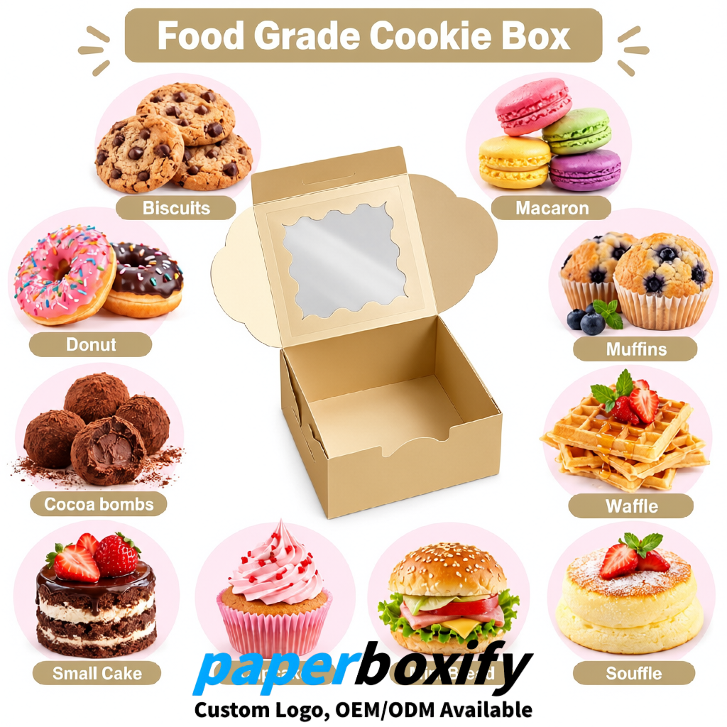 Champagne Paper Cookie Boxes with Window and Stickers 4x4x2.5 inch