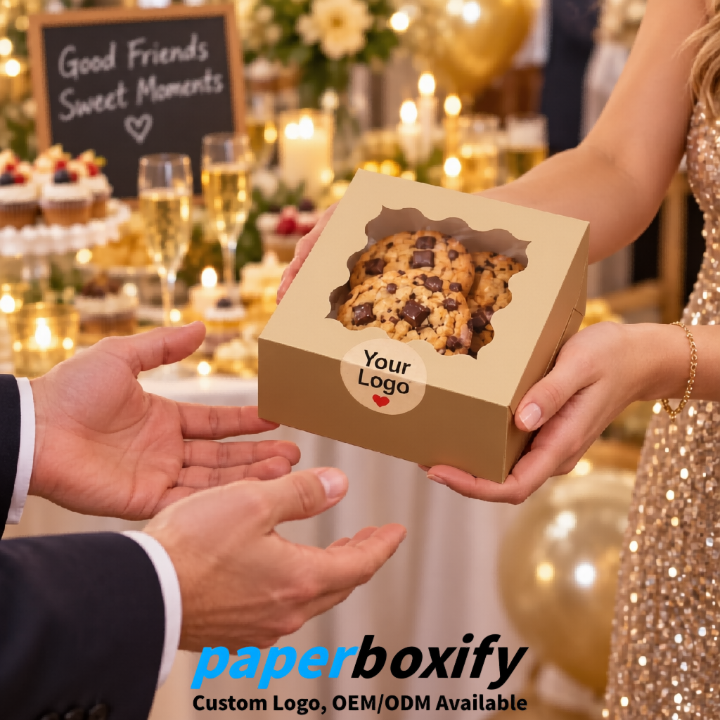 Champagne Paper Cookie Boxes with Window and Stickers 4x4x2.5 inch