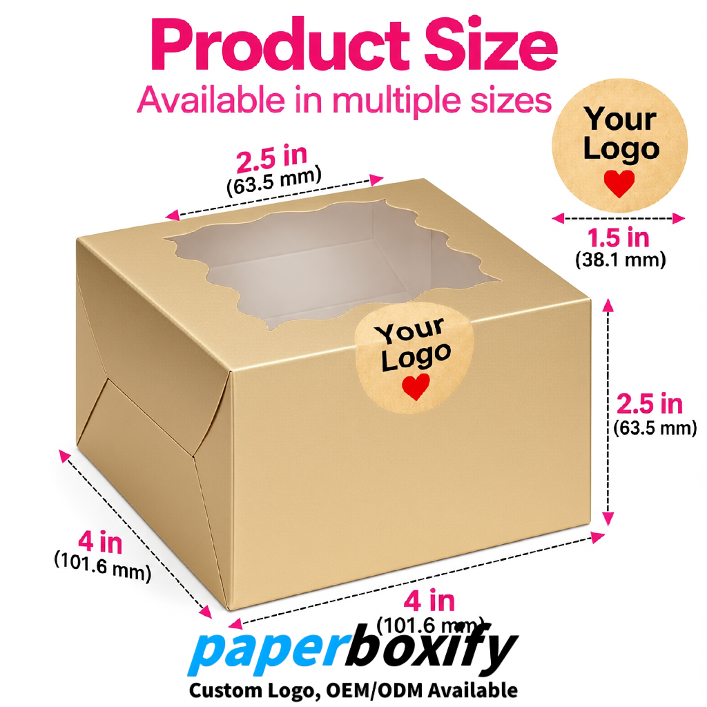 Champagne Paper Cookie Boxes with Window and Stickers 4x4x2.5 inch