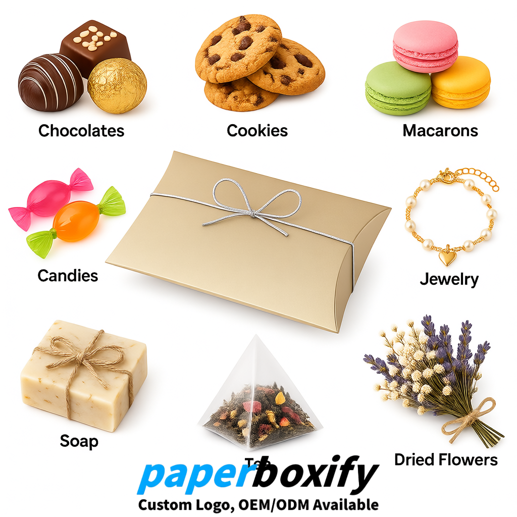 Bulk Champagne Kraft Pillow Gift Boxes with Ties 4.7x3x1 inch for Candy & Favors