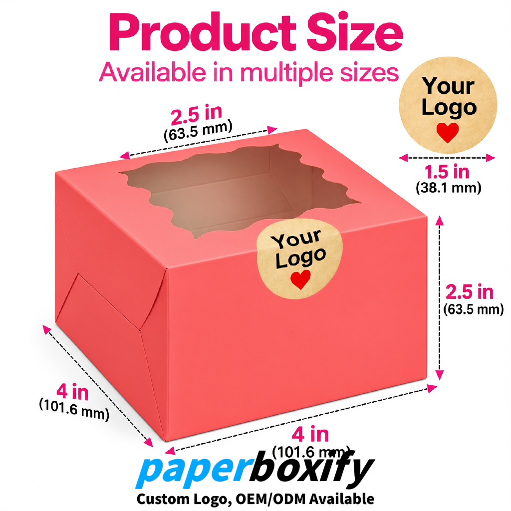 Coral Paper Cookie Boxes with Window and Stickers 4x4x2.5 inch