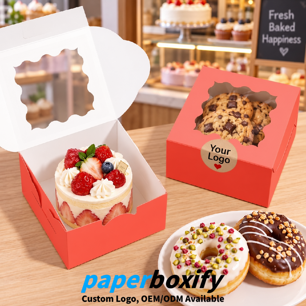 Coral Paper Cookie Boxes with Window and Stickers 4x4x2.5 inch