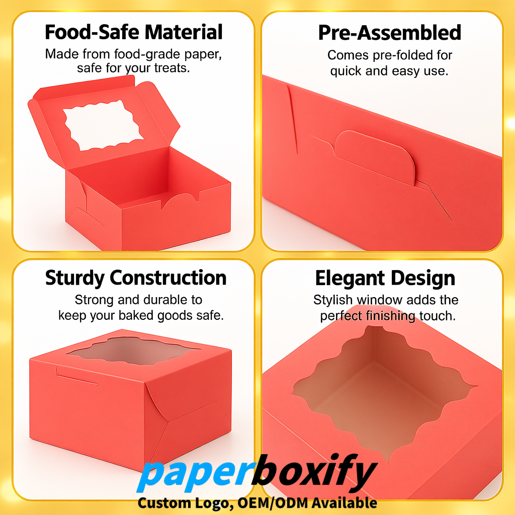 Coral Paper Cookie Boxes with Window and Stickers 4x4x2.5 inch