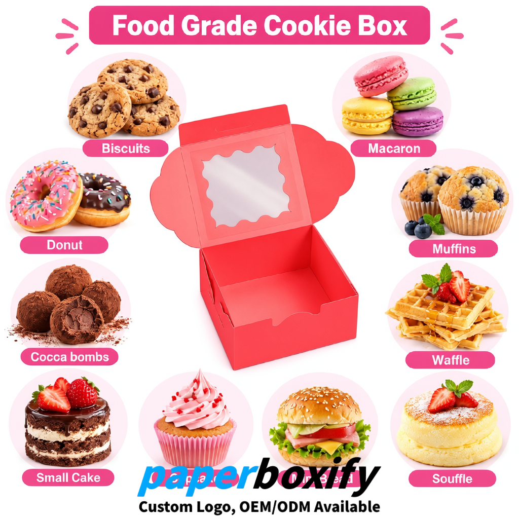 Coral Paper Cookie Boxes with Window and Stickers 4x4x2.5 inch