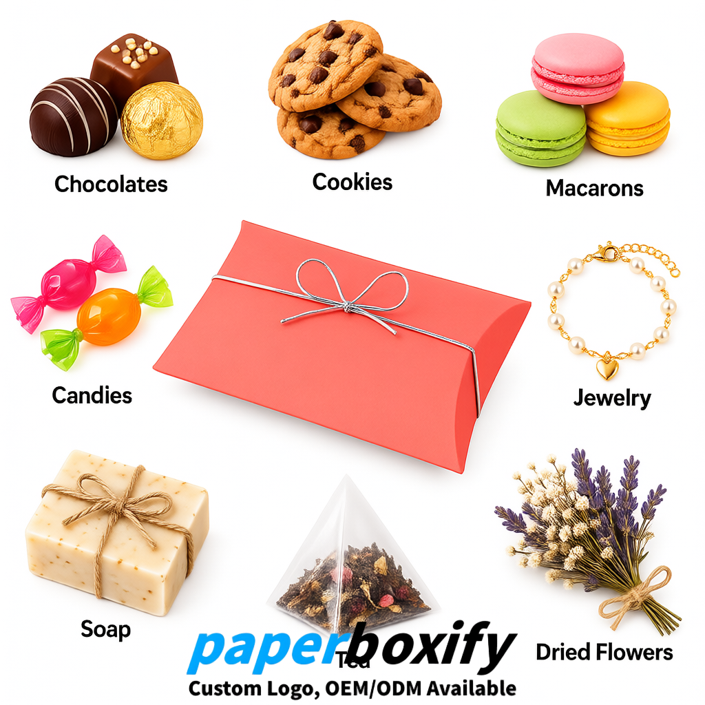 Bulk Coral Kraft Pillow Gift Boxes with Ties 4.7x3x1 inch for Candy & Favors