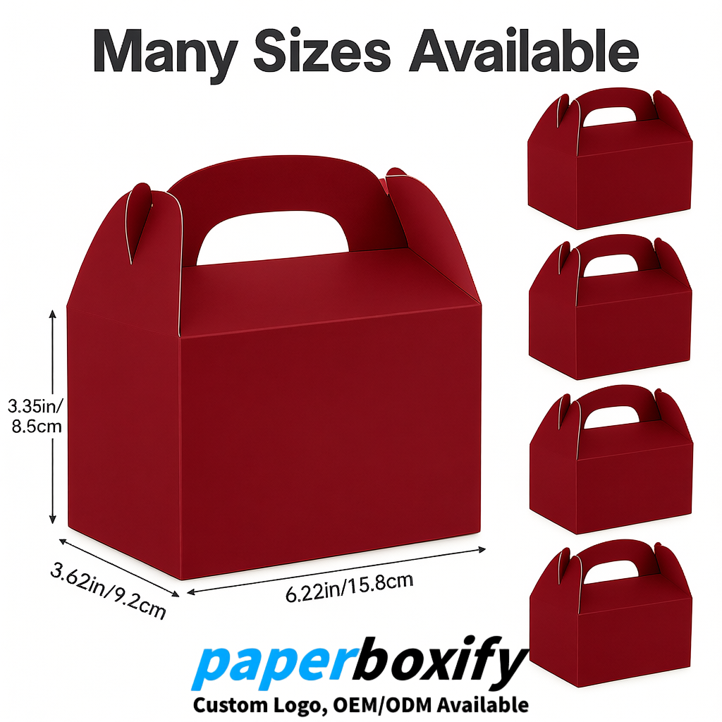 Crimson Gable Boxes with Handles 6.22x3.35x3.62 inch Kraft Paper Party Favors Boxes in Bulk