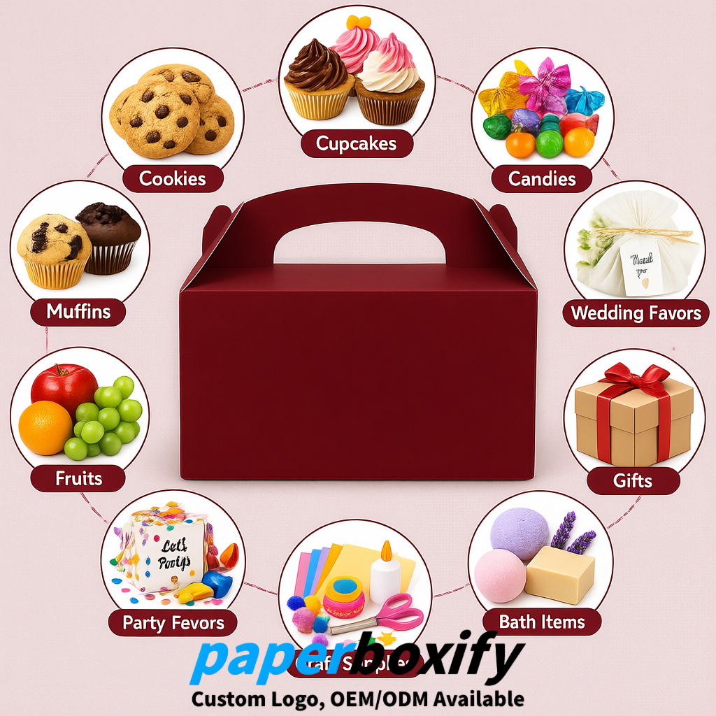 Crimson Gable Boxes with Handles 6.22x3.35x3.62 inch Kraft Paper Party Favors Boxes in Bulk