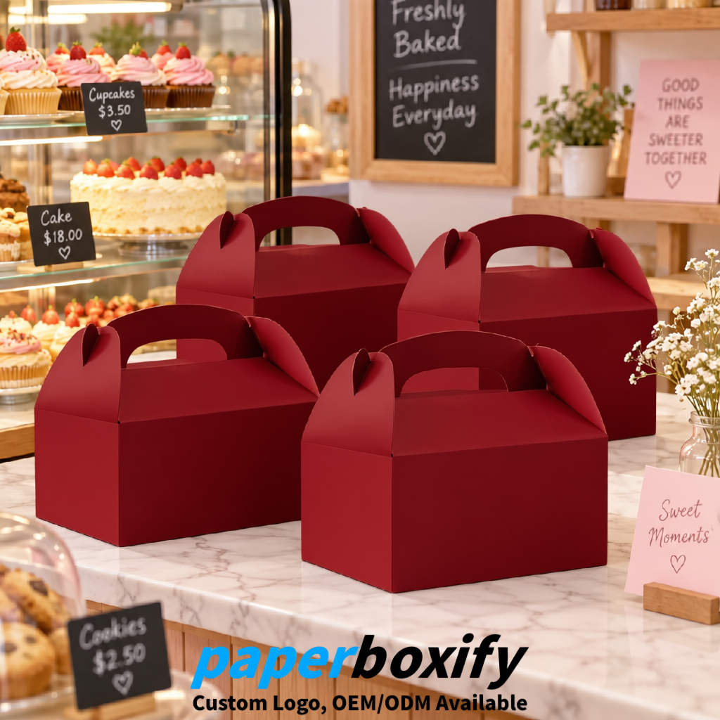 Crimson Gable Boxes with Handles 6.22x3.35x3.62 inch Kraft Paper Party Favors Boxes in Bulk