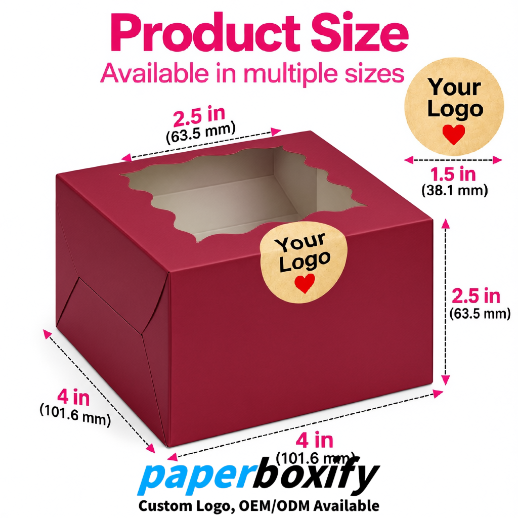 Crimson Paper Cookie Boxes with Window and Stickers 4x4x2.5 inch