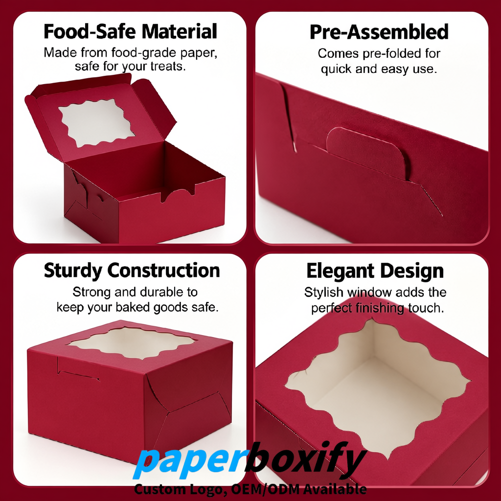 Crimson Paper Cookie Boxes with Window and Stickers 4x4x2.5 inch