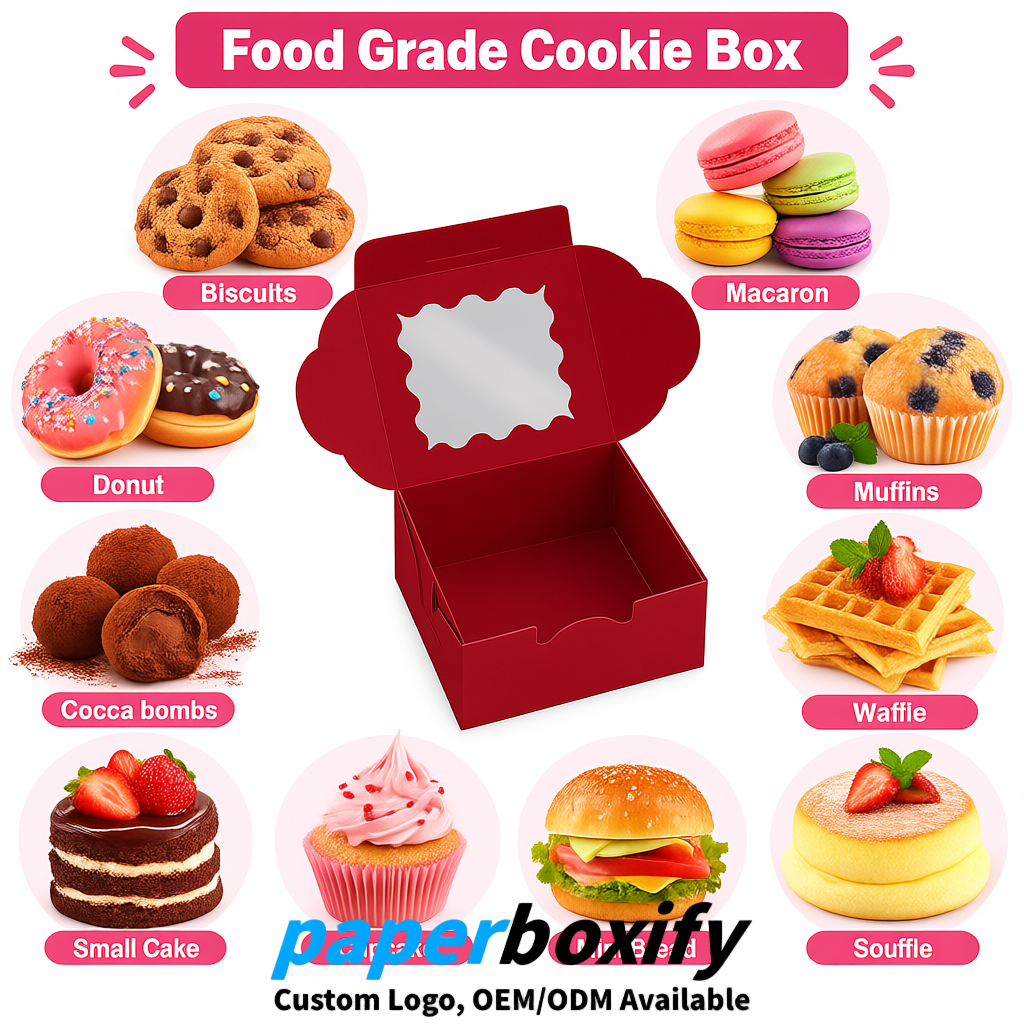 Crimson Paper Cookie Boxes with Window and Stickers 4x4x2.5 inch Crimson Paper Cookie Boxes with Window and Stickers 4x4x2.5 inch