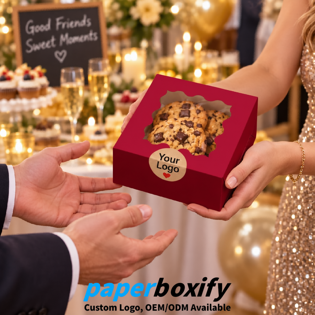 Crimson Paper Cookie Boxes with Window and Stickers 4x4x2.5 inch