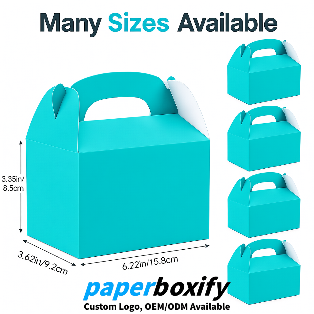 Cyan Gable Boxes with Handles 6.22x3.35x3.62 inch Kraft Paper Party Favors Boxes in Bulk