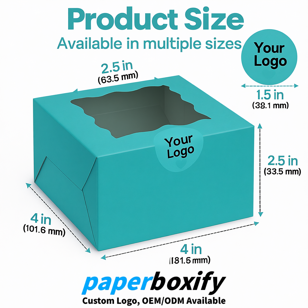 Cyan Paper Cookie Boxes with Window and Stickers 4x4x2.5 inch Cyan Paper Cookie Boxes with Window and Stickers 4x4x2.5 inch
