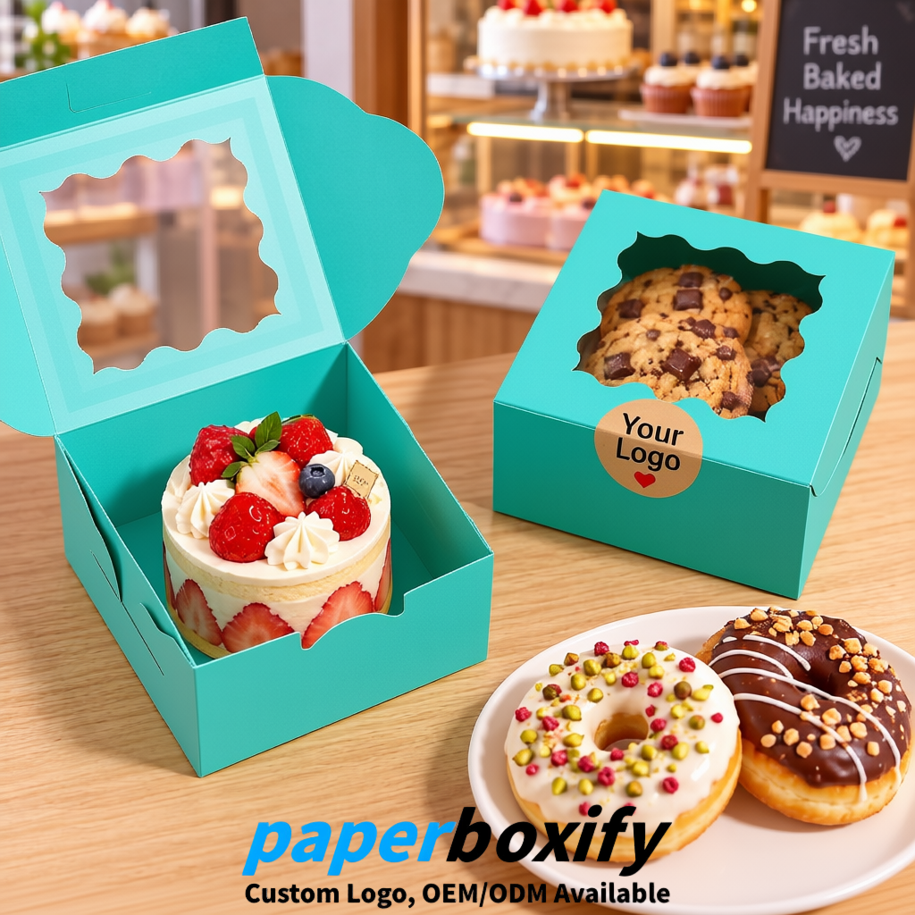 Cyan Paper Cookie Boxes with Window and Stickers 4x4x2.5 inch