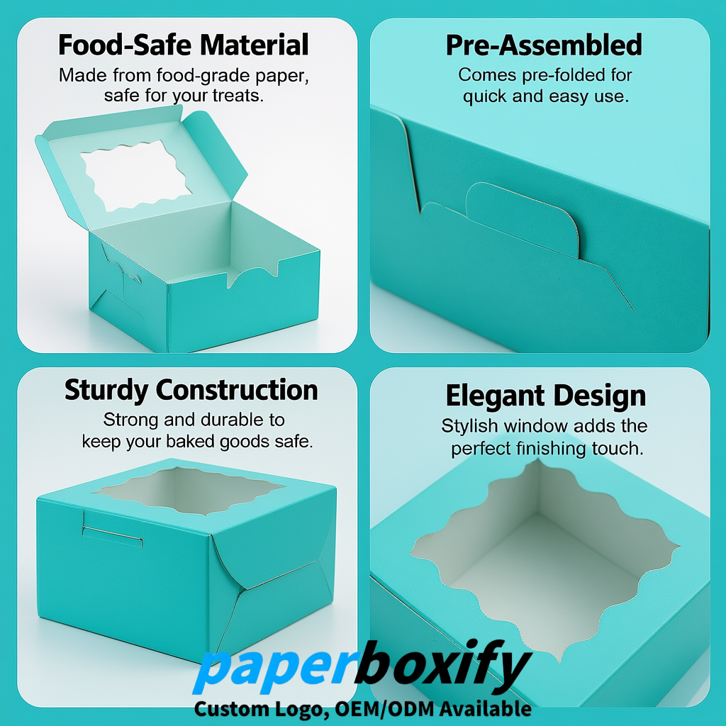 Cyan Paper Cookie Boxes with Window and Stickers 4x4x2.5 inch