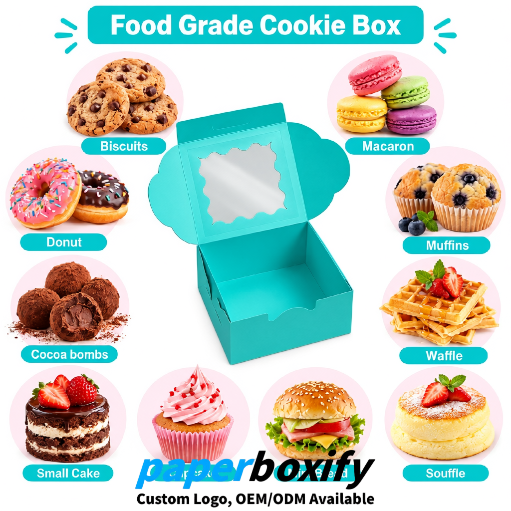 Cyan Paper Cookie Boxes with Window and Stickers 4x4x2.5 inch