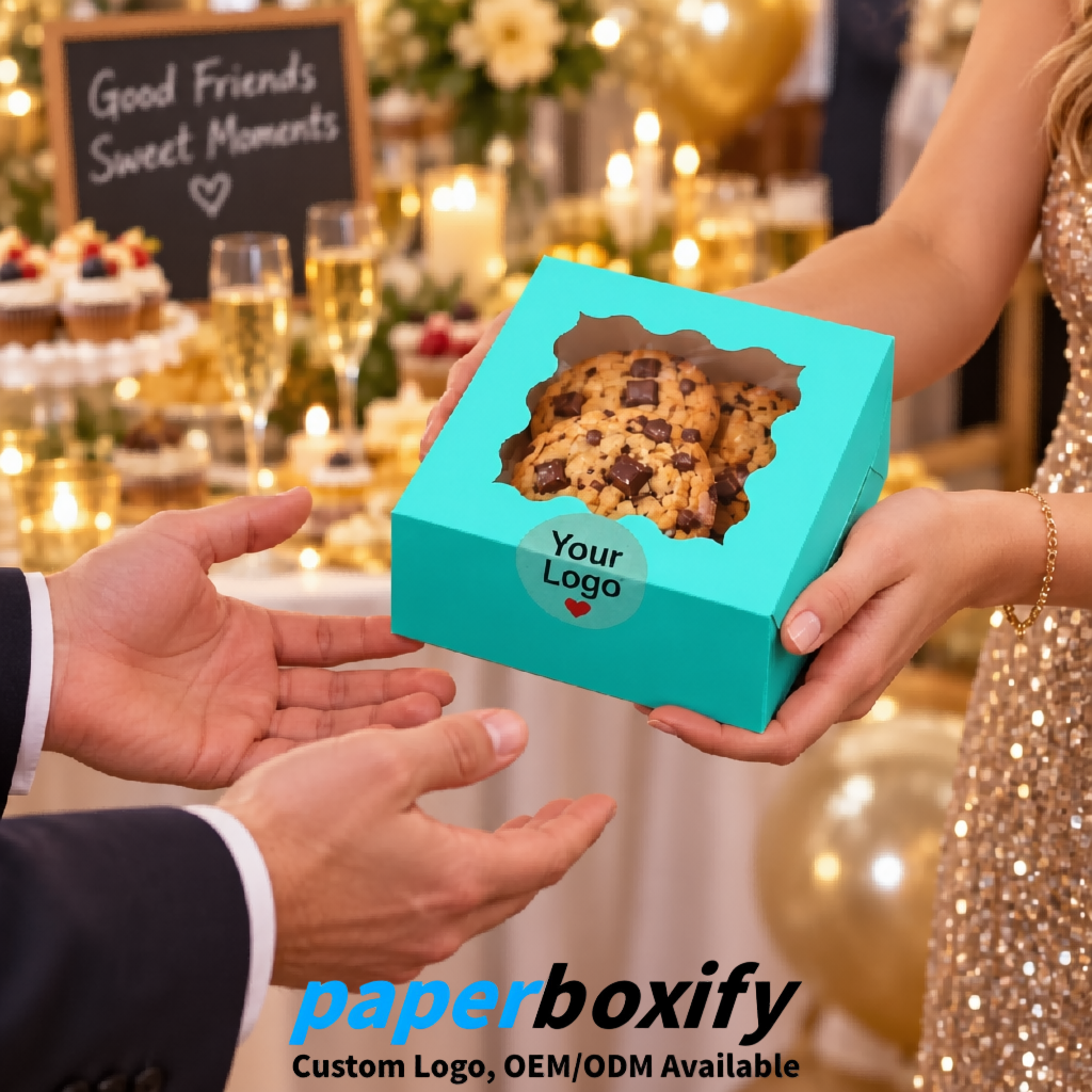 Cyan Paper Cookie Boxes with Window and Stickers 4x4x2.5 inch