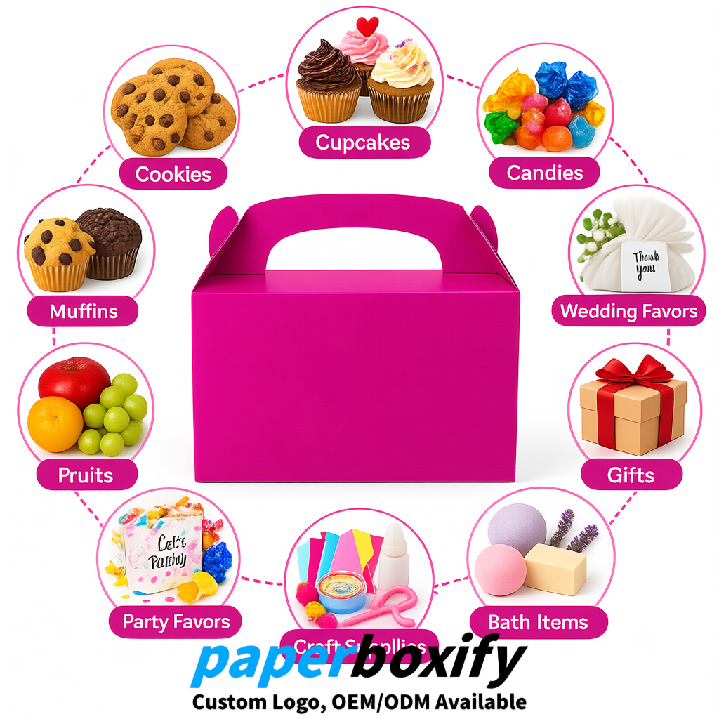 Fuchsia Gable Boxes with Handles 6.22x3.35x3.62 inch Kraft Paper Party Favors Boxes in Bulk