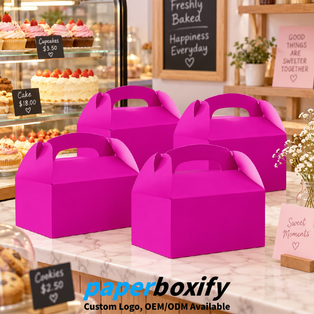 Fuchsia Gable Boxes with Handles 6.22x3.35x3.62 inch Kraft Paper Party Favors Boxes in Bulk
