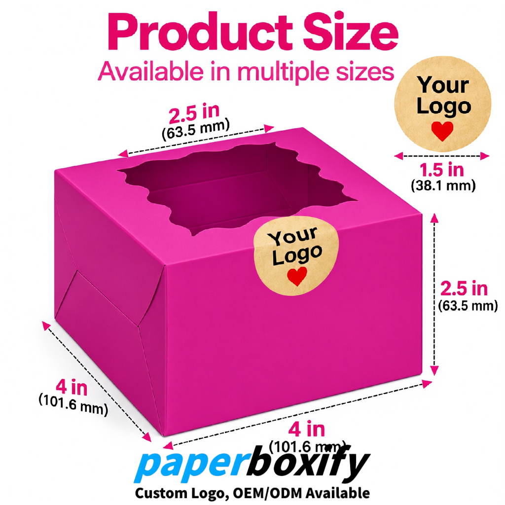 Fuchsia Paper Cookie Boxes with Window and Stickers 4x4x2.5 inch