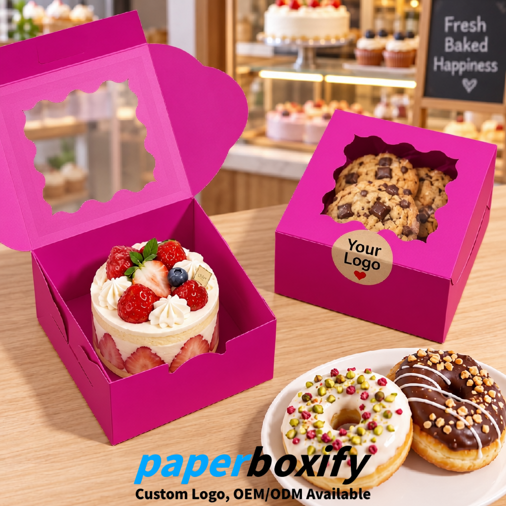 Fuchsia Paper Cookie Boxes with Window and Stickers 4x4x2.5 inch