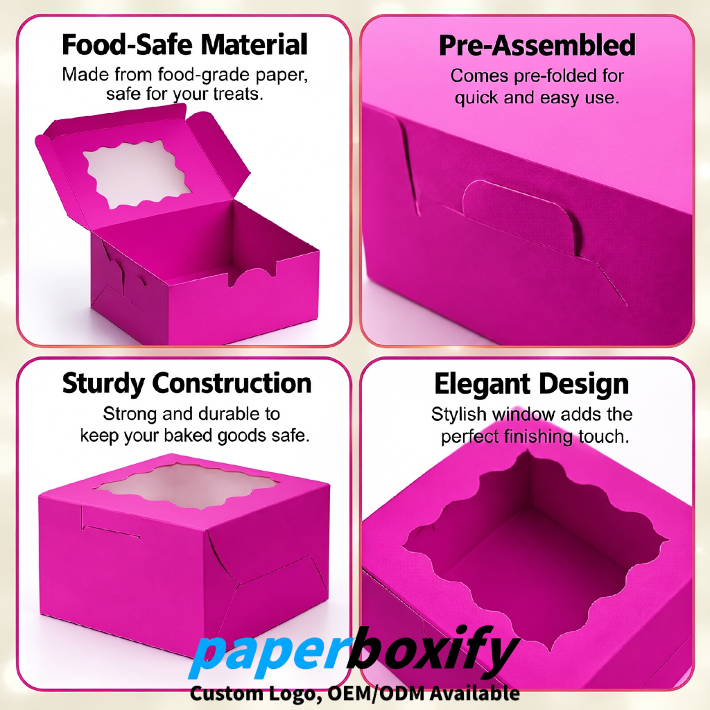 Fuchsia Paper Cookie Boxes with Window and Stickers 4x4x2.5 inch