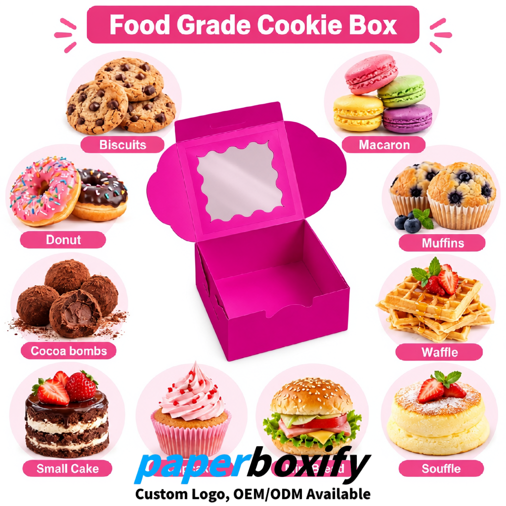 Fuchsia Paper Cookie Boxes with Window and Stickers 4x4x2.5 inch