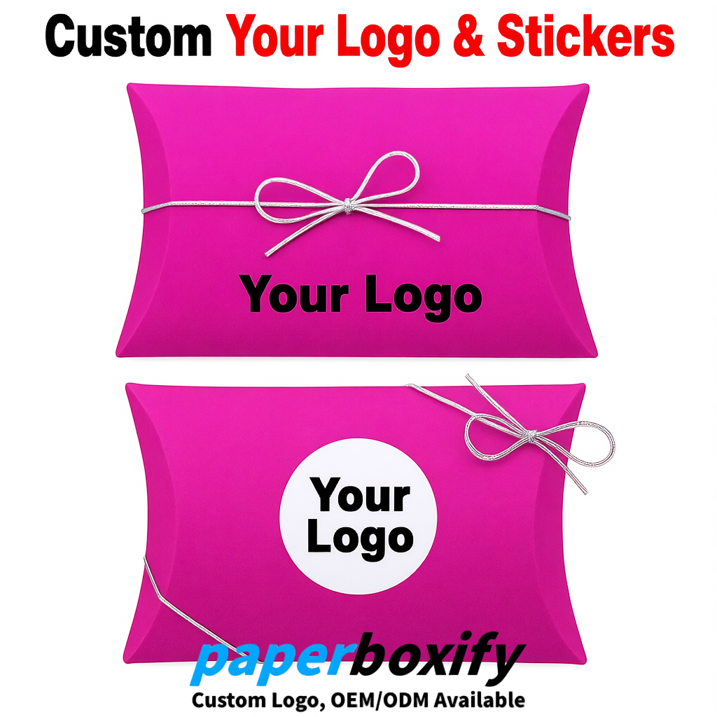 Bulk Fuchsia Kraft Pillow Gift Boxes with Ties 4.7x3x1 inch for Candy & Favors
