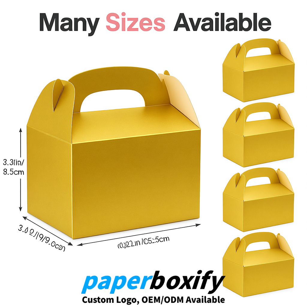 Gold Gable Boxes with Handles 6.22x3.35x3.62 inch Kraft Paper Party Favors Boxes in Bulk