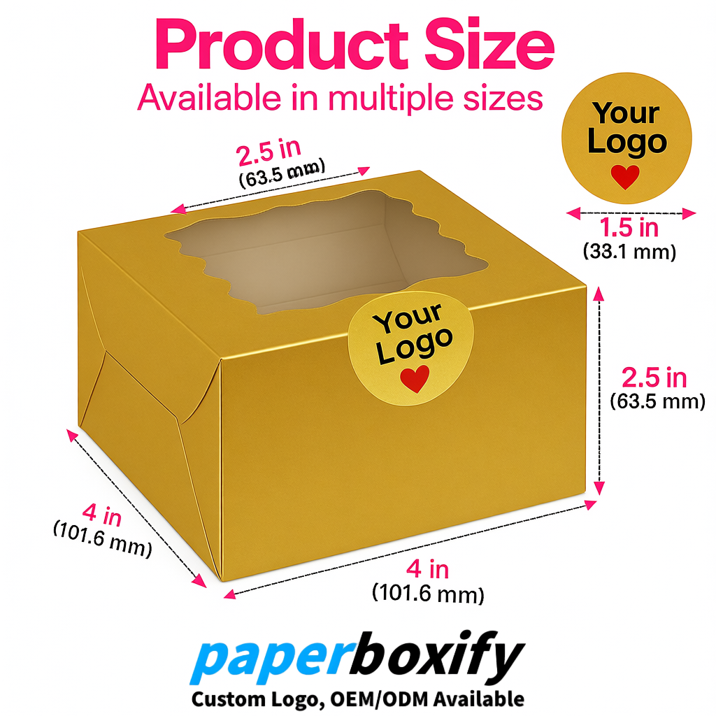 Gold Paper Cookie Boxes with Window and Stickers 4x4x2.5 inch